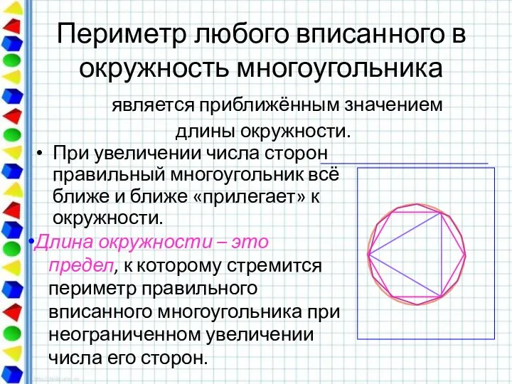 Периметр любого вписанного в окружность многоугольника является приближённым значением длины окружности.