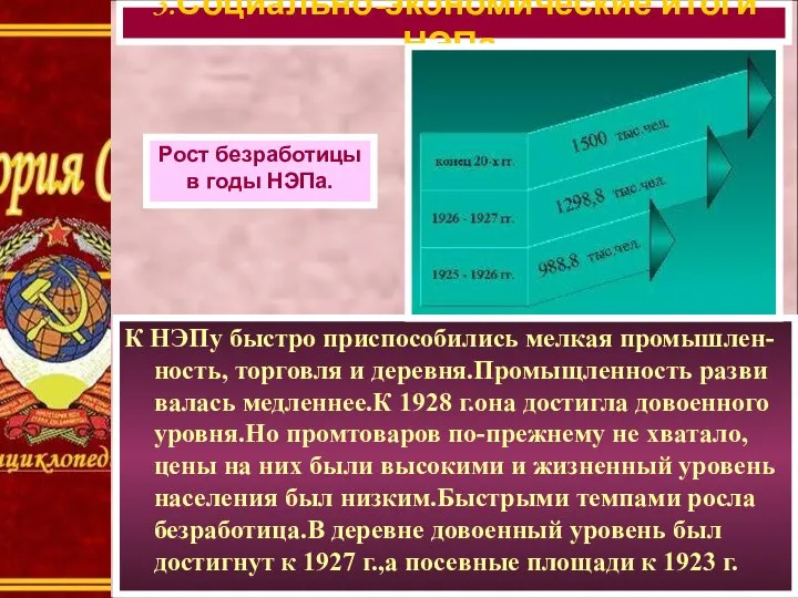 К НЭПу быстро приспособились мелкая промышлен-ность, торговля и деревня.Промыщленность разви валась