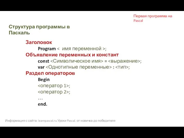 Информация с сайта: learnpascal.ru Уроки Pascal. от новичка до победителя Первая