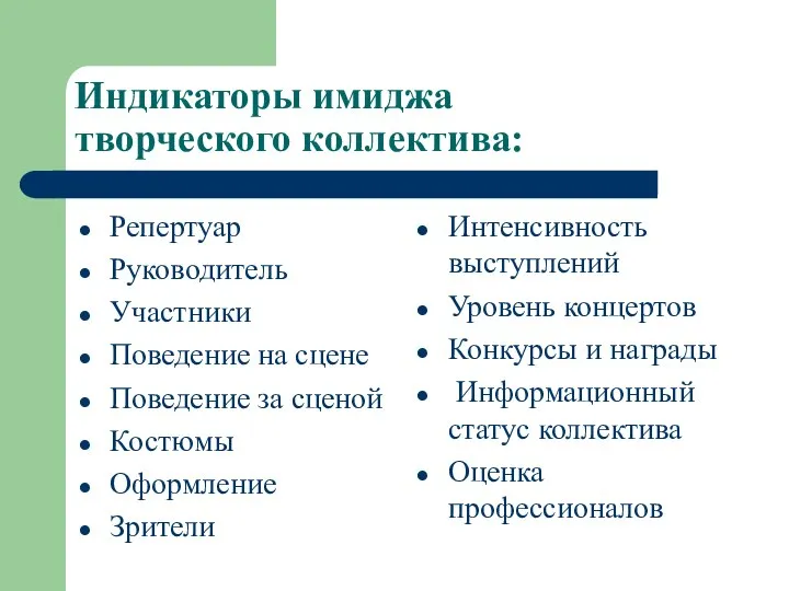 Индикаторы имиджа творческого коллектива: Репертуар Руководитель Участники Поведение на сцене Поведение