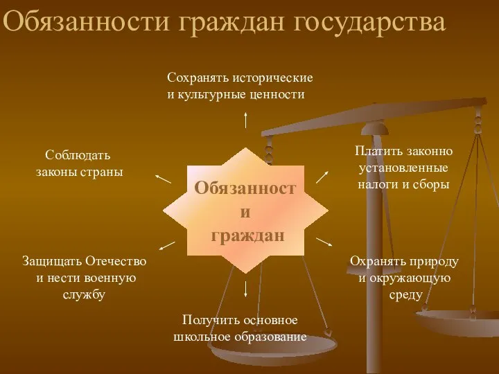 Обязанности граждан Соблюдать законы страны Платить законно установленные налоги и сборы