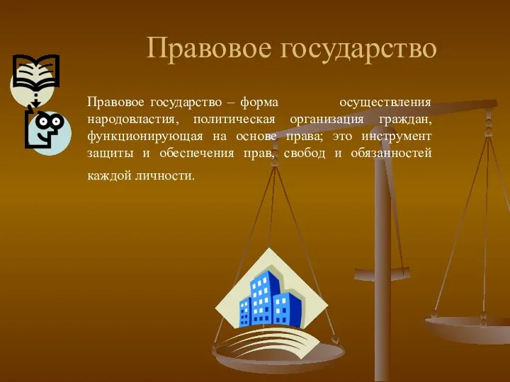 Правовое государство Правовое государство – форма осуществления народовластия, политическая организация граждан,