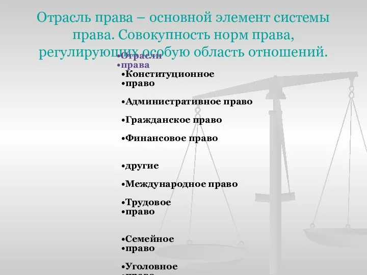 Отрасль права – основной элемент системы права. Совокупность норм права, регулирующих особую область отношений.