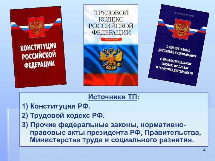 Источники ТП: 1) Конституция РФ. 2) Трудовой кодекс РФ. 3) Прочие