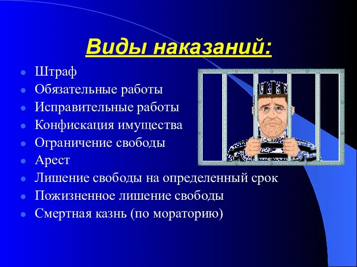 Виды наказаний: Штраф Обязательные работы Исправительные работы Конфискация имущества Ограничение свободы