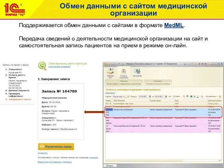 Обмен данными с сайтом медицинской организации Поддерживается обмен данными с сайтами