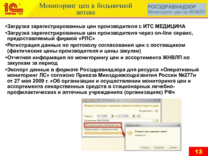 Мониторинг цен в больничной аптеке Загрузка зарегистрированных цен производителя с ИТС