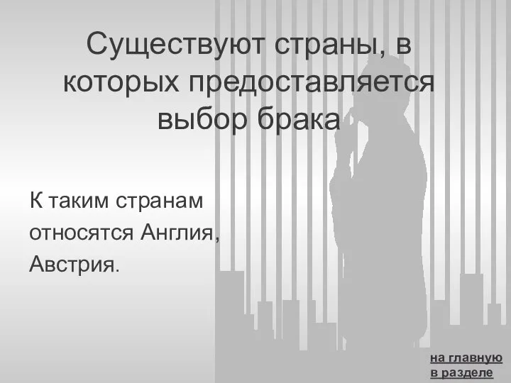 Существуют страны, в которых предоставляется выбор брака К таким странам относятся