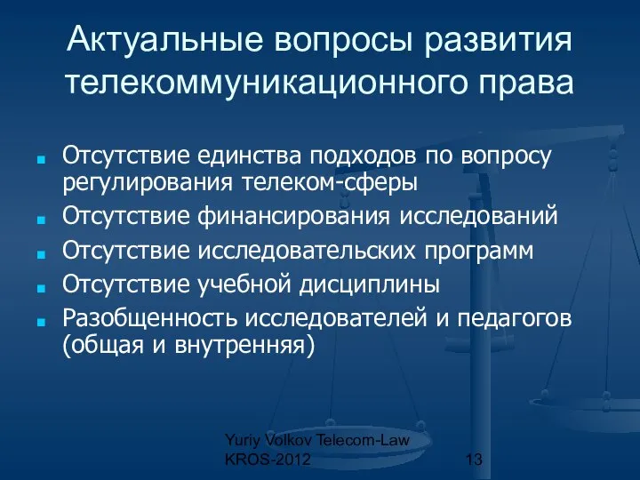 Yuriy Volkov Telecom-Law KROS-2012 Актуальные вопросы развития телекоммуникационного права Отсутствие единства
