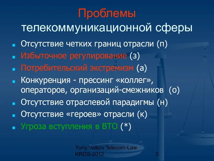 Yuriy Volkov Telecom-Law KROS-2012 Проблемы телекоммуникационной сферы Отсутствие четких границ отрасли