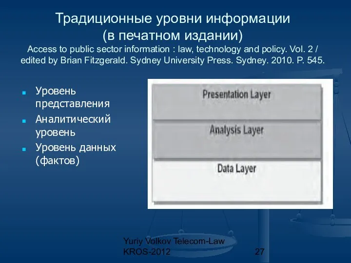 Yuriy Volkov Telecom-Law KROS-2012 Традиционные уровни информации (в печатном издании) Access