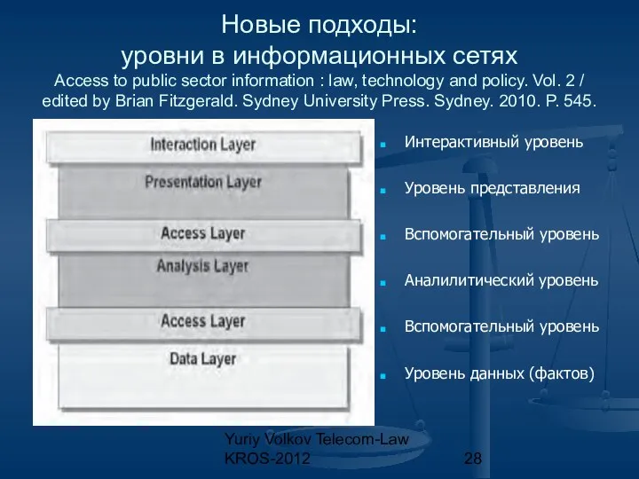 Yuriy Volkov Telecom-Law KROS-2012 Новые подходы: уровни в информационных сетях Access