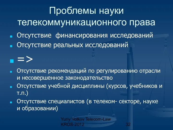 Yuriy Volkov Telecom-Law KROS-2012 Проблемы науки телекоммуникационного права Отсутствие финансирования исследований
