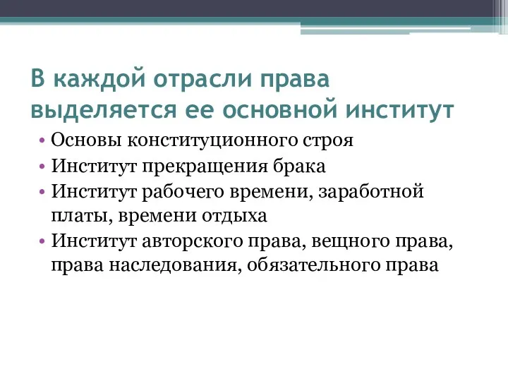 В каждой отрасли права выделяется ее основной институт Основы конституционного строя