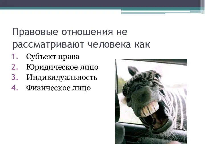 Правовые отношения не рассматривают человека как Субъект права Юридическое лицо Индивидуальность Физическое лицо