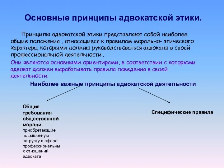 Основные принципы адвокатской этики. Принципы адвокатской этики представляют собой наиболее общие