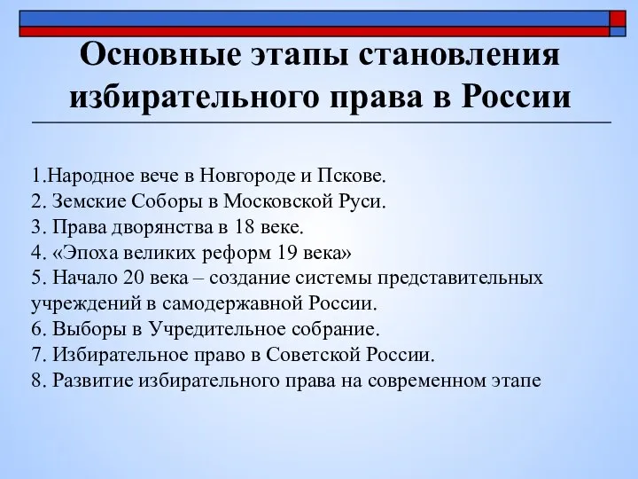 Основные этапы становления избирательного права в России 1.Народное вече в Новгороде
