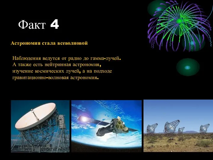 Факт 4 Астрономия стала всеволновой Наблюдения ведутся от радио до гамма-лучей.