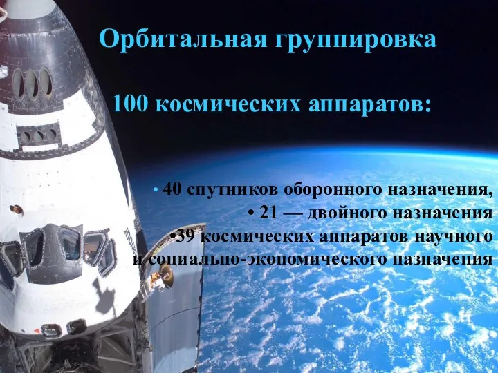 Орбитальная группировка 100 космических аппаратов: 40 спутников оборонного назначения, 21 —