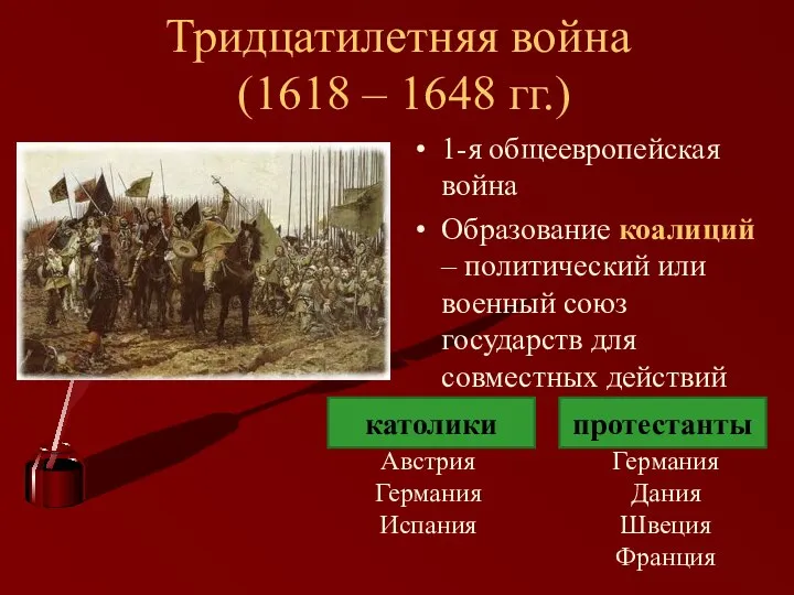 Тридцатилетняя война (1618 – 1648 гг.) 1-я общеевропейская война Образование коалиций