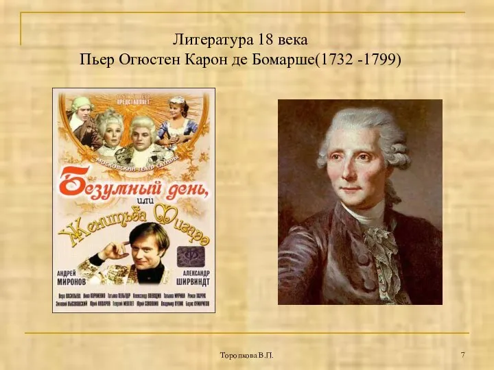 Торопкова В.П. Литература 18 века Пьер Огюстен Карон де Бомарше(1732 -1799)