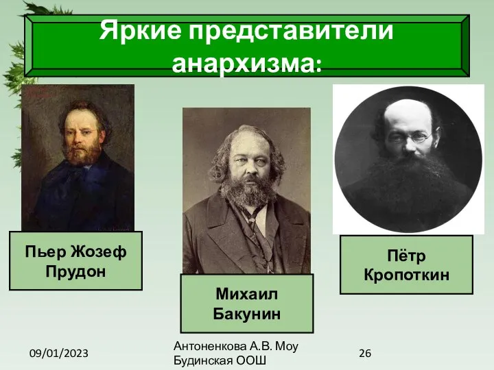 09/01/2023 Антоненкова А.В. Моу Будинская ООШ Яркие представители анархизма: Пьер Жозеф Прудон Михаил Бакунин Пётр Кропоткин