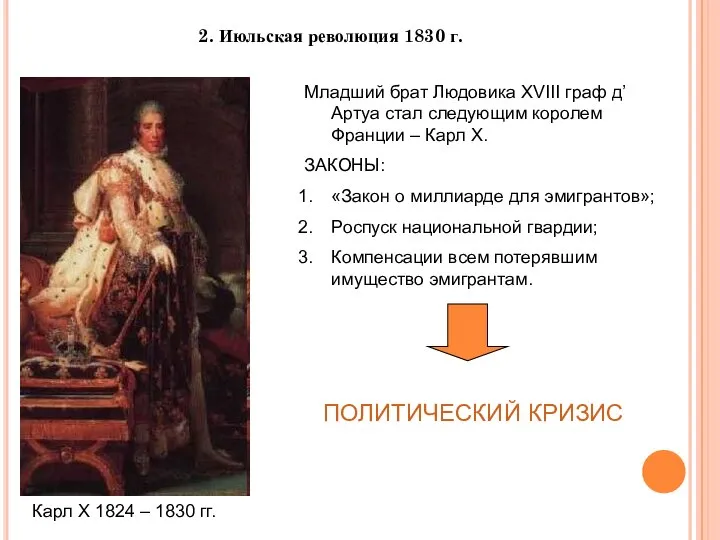 2. Июльская революция 1830 г. Карл X 1824 – 1830 гг.