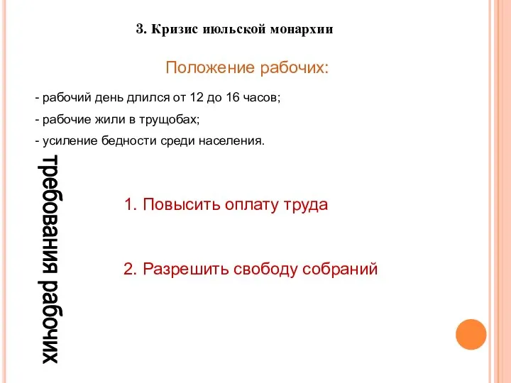 3. Кризис июльской монархии Положение рабочих: рабочий день длился от 12