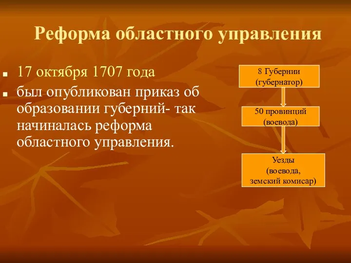 Реформа областного управления 17 октября 1707 года был опубликован приказ об