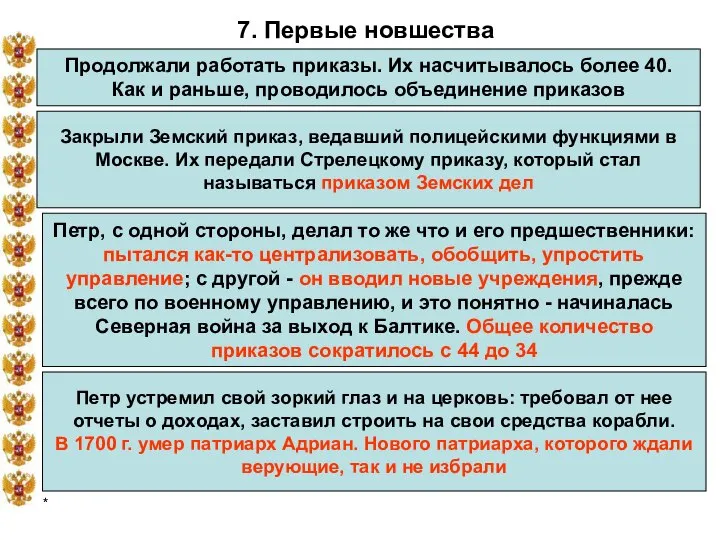 * 7. Первые новшества Продолжали работать приказы. Их насчитывалось более 40.