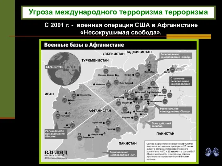 С 2001 г. - военная операция США в Афганистане «Несокрушимая свобода». Угроза международного терроризма терроризма