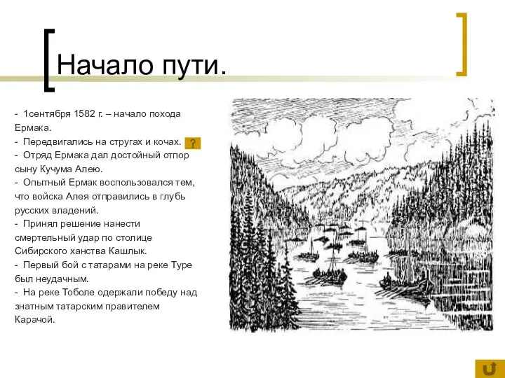 Начало пути. - 1сентября 1582 г. – начало похода Ермака. -