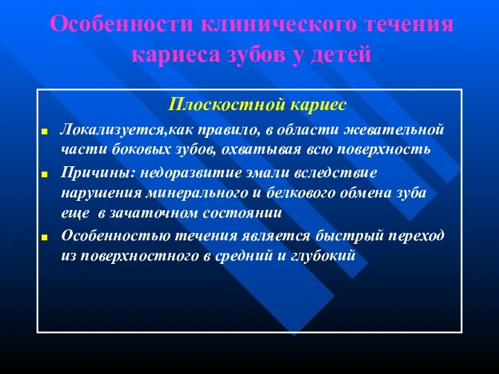 Особенности клинического течения кариеса зубов у детей Плоскостной кариес Локализуется,как правило,