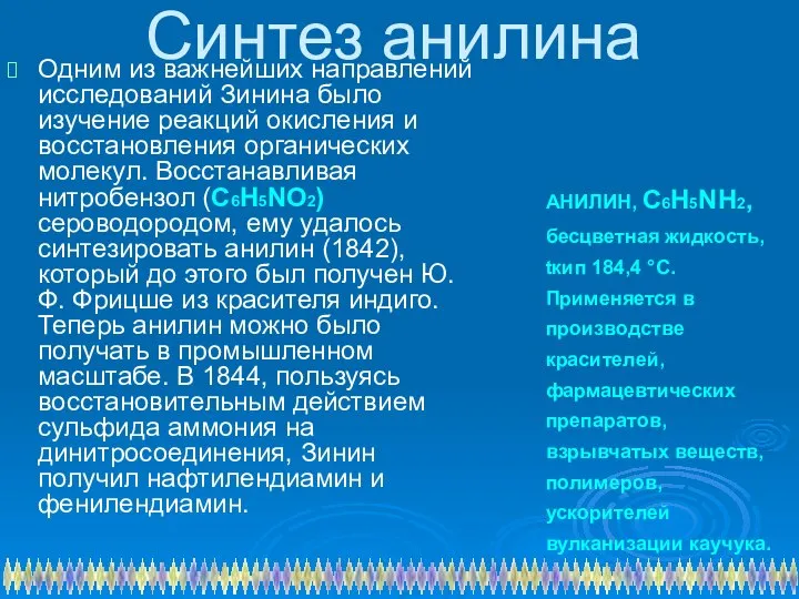 Синтез анилина Одним из важнейших направлений исследований Зинина было изучение реакций