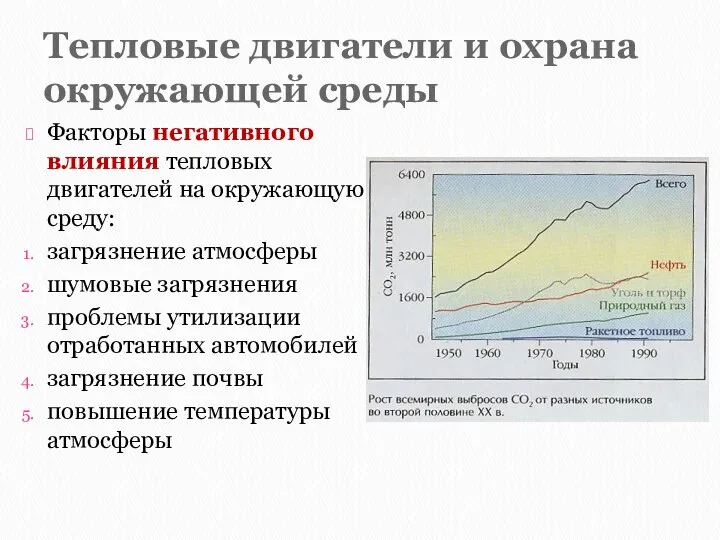 Тепловые двигатели и охрана окружающей среды Факторы негативного влияния тепловых двигателей