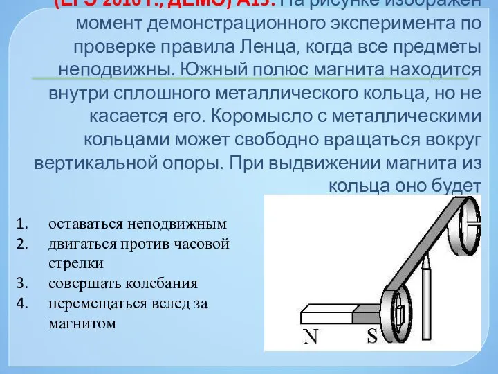 (ЕГЭ 2010 г., ДЕМО) А15. На рисунке изображен момент демонстрационного эксперимента