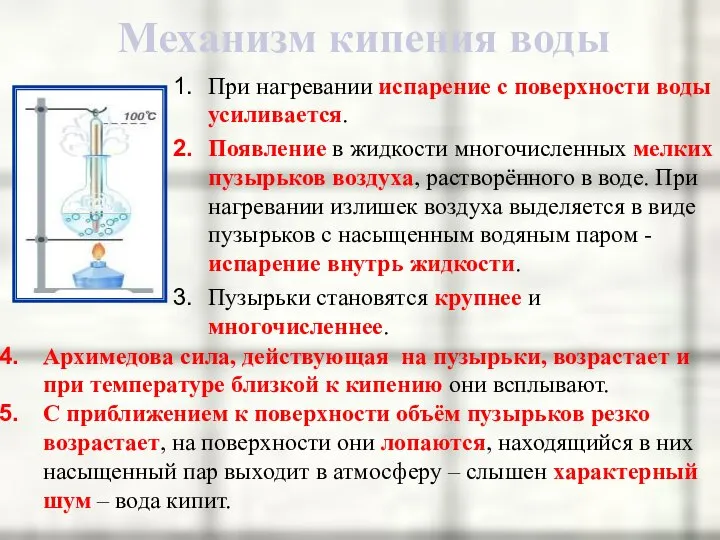 Механизм кипения воды При нагревании испарение с поверхности воды усиливается. Появление