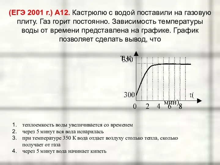 (ЕГЭ 2001 г.) А12. Кастрюлю с водой поставили на газовую плиту.