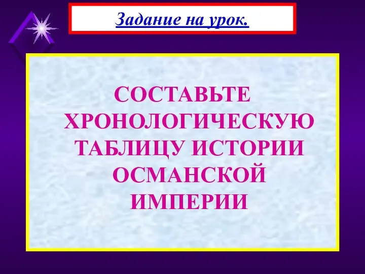 СОСТАВЬТЕ ХРОНОЛОГИЧЕСКУЮ ТАБЛИЦУ ИСТОРИИ ОСМАНСКОЙ ИМПЕРИИ Задание на урок.