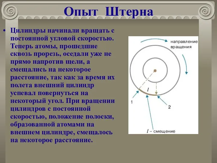 Опыт Штерна Цилиндры начинали вращать с постоянной угловой скоростью. Теперь атомы,