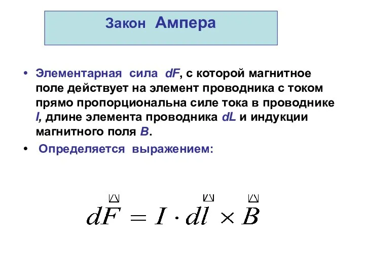 Закон Ампера Элементарная сила dF, с которой магнитное поле действует на