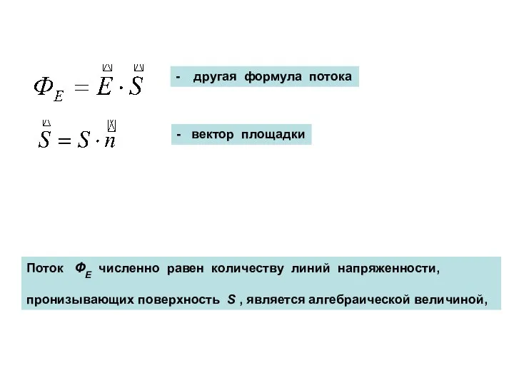 - другая формула потока - вектор площадки Поток ФЕ численно равен