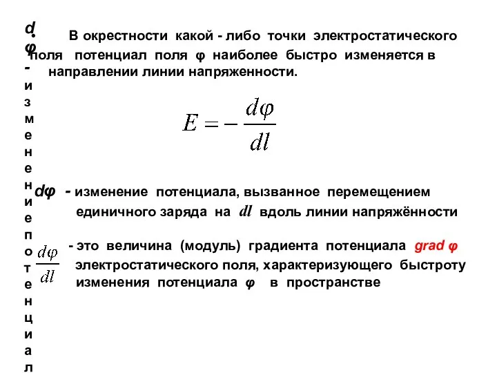 dφ - изменение потенциала, вызванное перемещением единичного заряда на dl вдоль