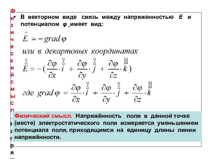 Физический смысл. Напряжённость поля в данной точке (месте) электростатического поля измеряется