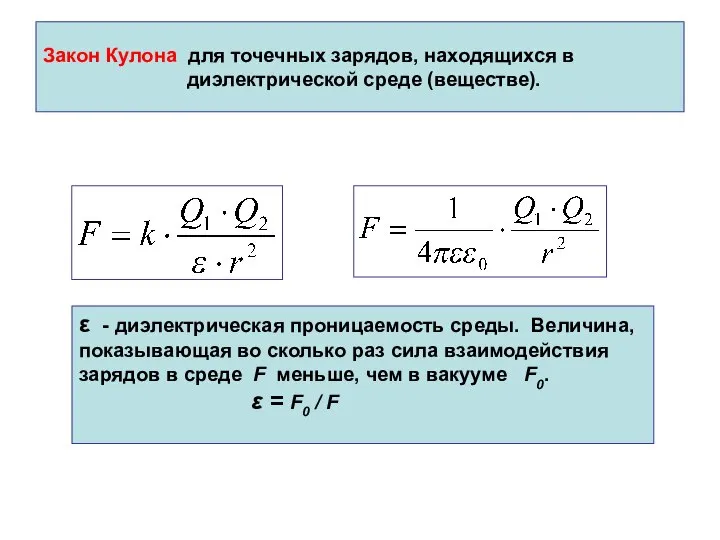 Закон Кулона для точечных зарядов, находящихся в диэлектрической среде (веществе). ε