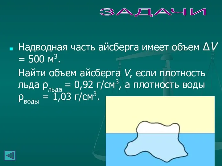 ЗАДАЧИ Надводная часть айсберга имеет объем ΔV = 500 м3. Найти