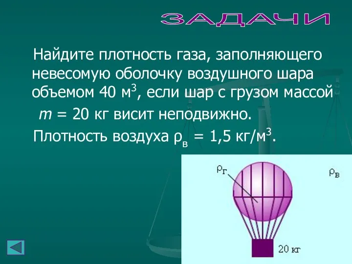 ЗАДАЧИ Найдите плотность газа, заполняющего невесомую оболочку воздушного шара объемом 40