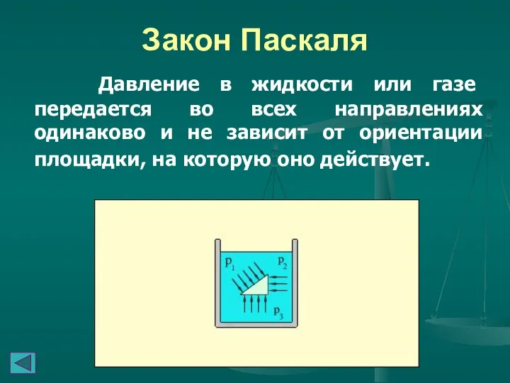 Закон Паскаля Давление в жидкости или газе передается во всех направлениях