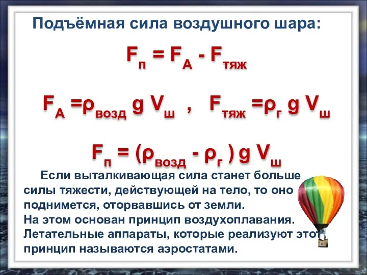 Fп = FA - Fтяж FA =ρвозд g Vш , Fтяж