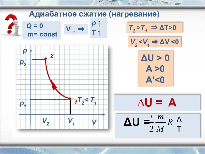 p V T2 T2 >T1 ⇒ ΔT>0 V2 ΔU > 0